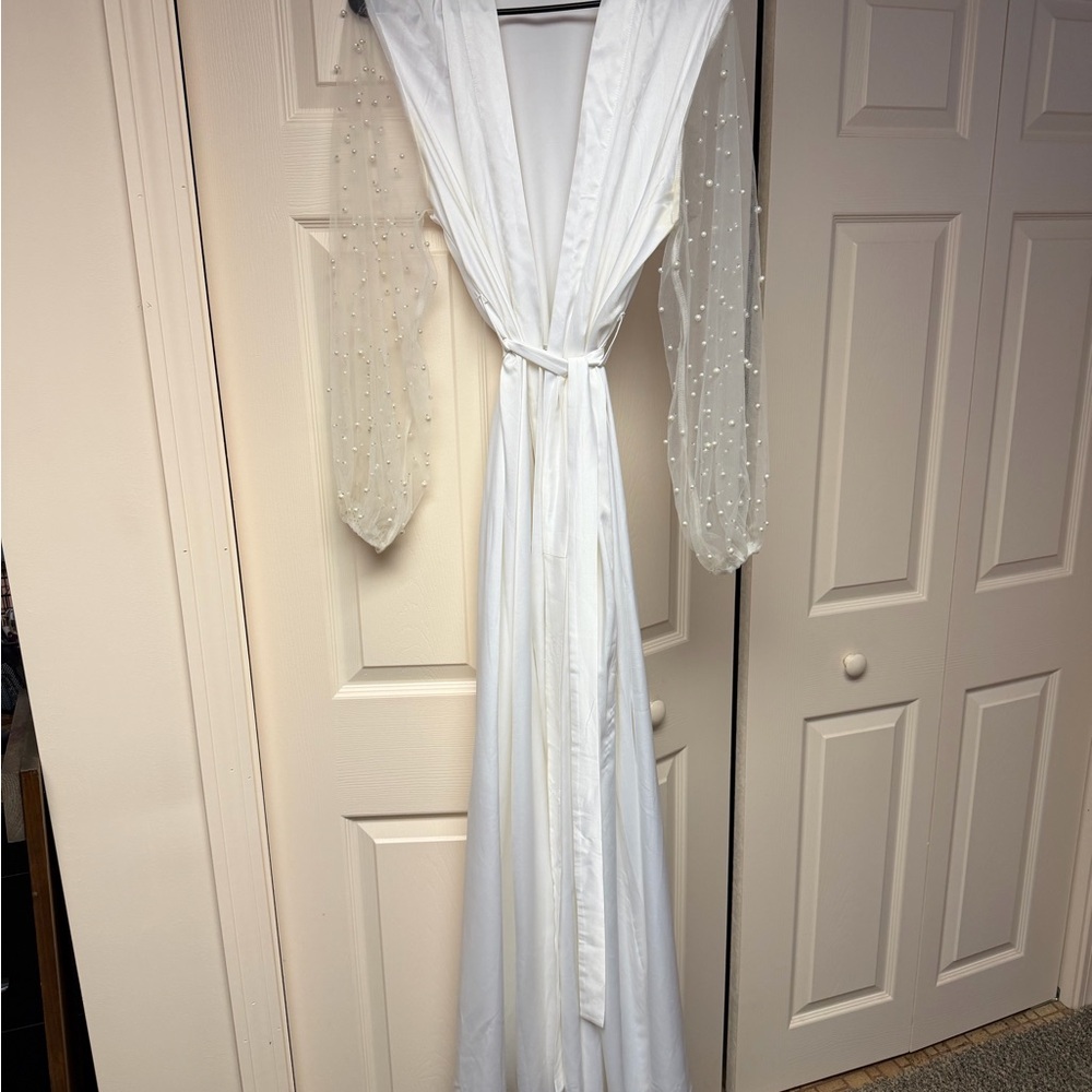 Elegant White Gown with Sheer Sleeves